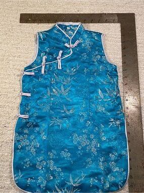 Mulan 2pcs Teal Floral Satin Dress with Magenta Pants